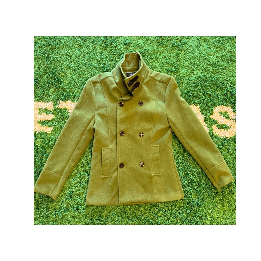 ZyFG free Pea Coat Mens XL Green Excellent Double Breasted Buckle Collar Cotton
